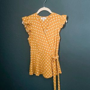 Mustard yellow polka dot wrap top S
